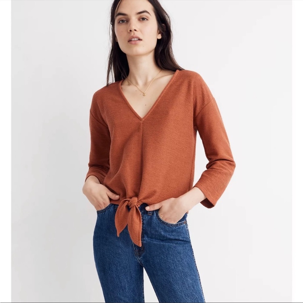Madewell Texture and Thread Orange V-Neck Tie Front Sweater Size S